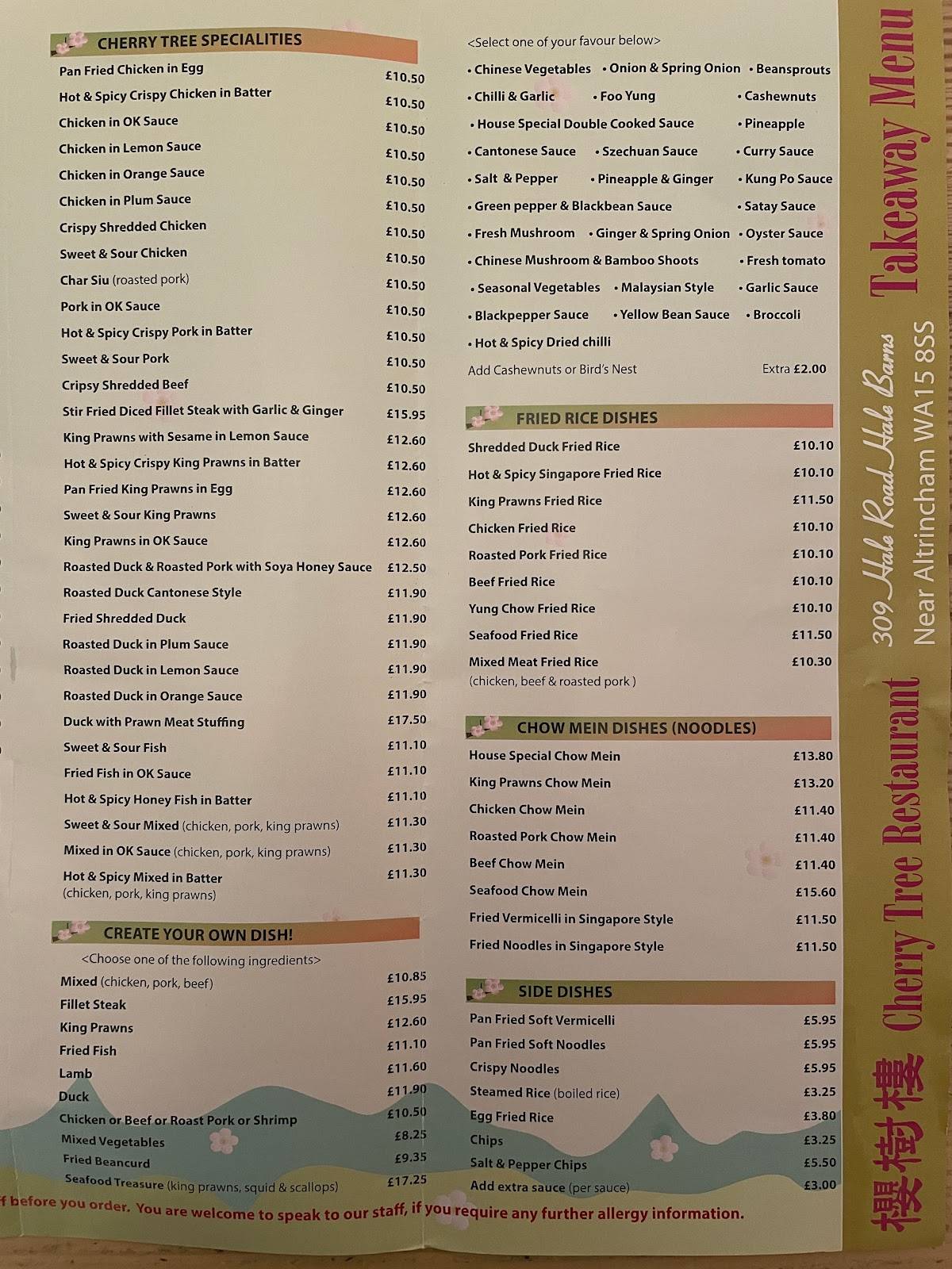 Menu at Cherry Tree restaurant, Altrincham, 309 Hale Rd