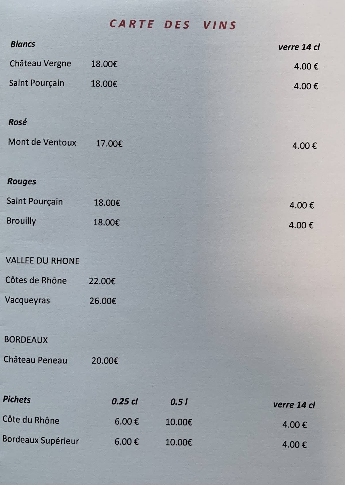 Menu de Chez Martin