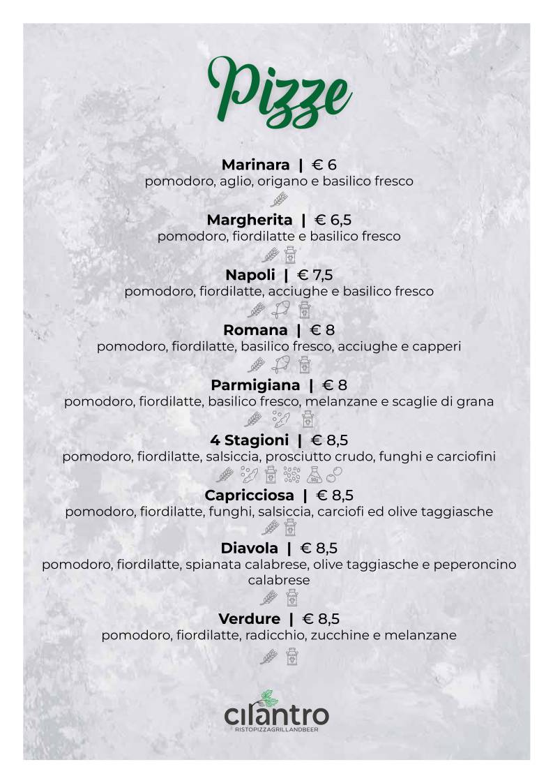Menu di Cilantro - Ristorante Pizzeria Carne alla brace 