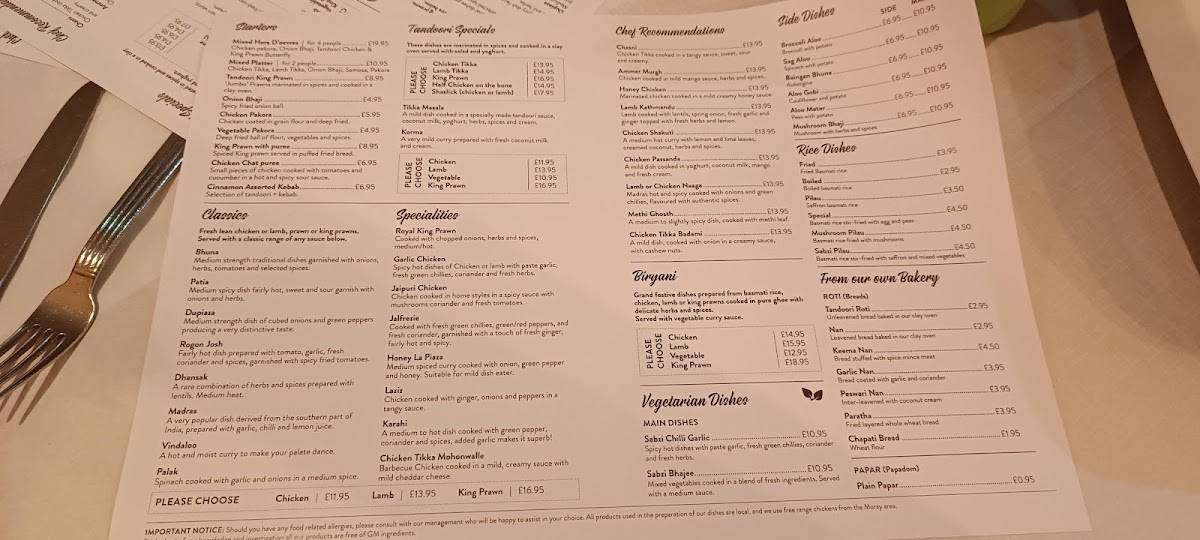 Menu at Cinnamon Restaurant, Inverness