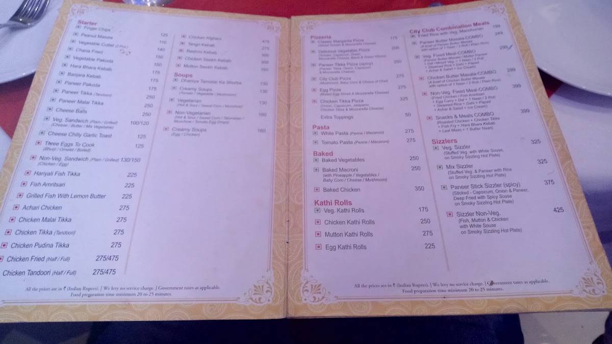 City Club Restrobar menu