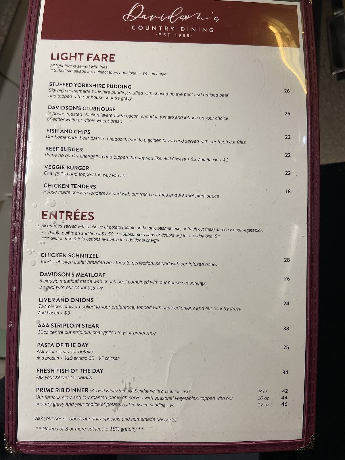 Menu de Davidson's Country Dining
