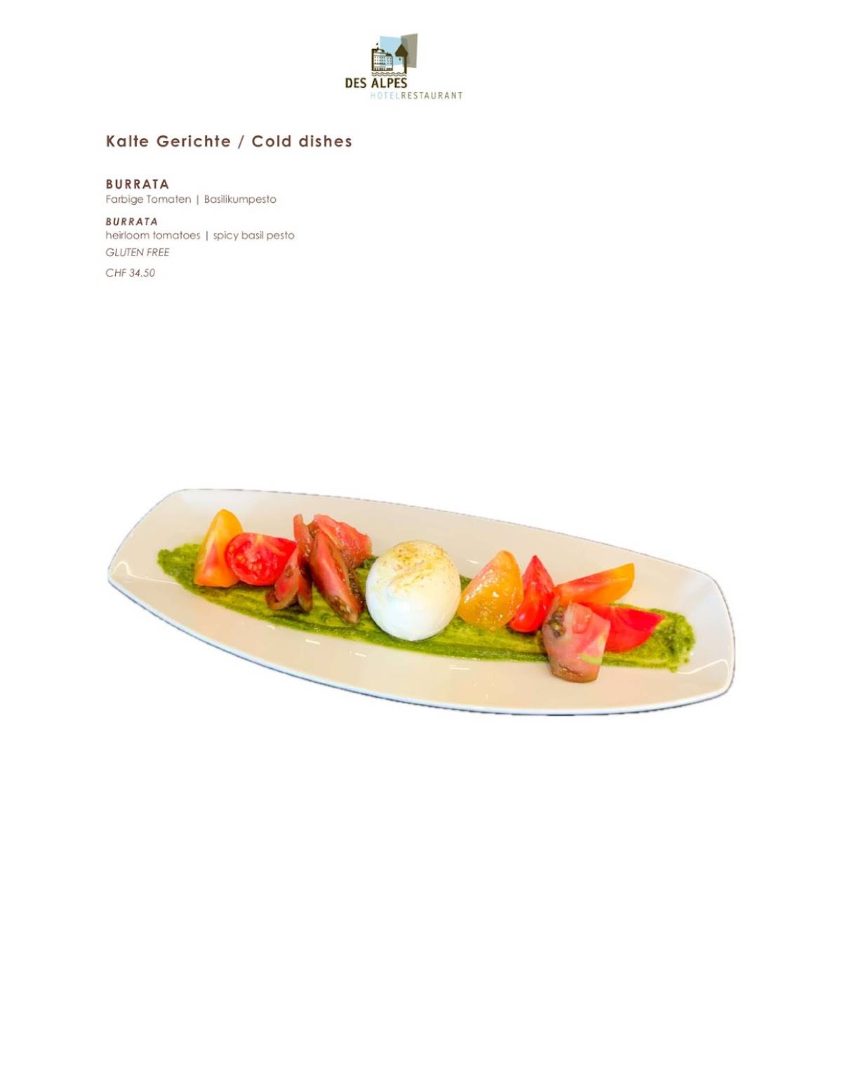 Menu di Restaurant Des Alpes 