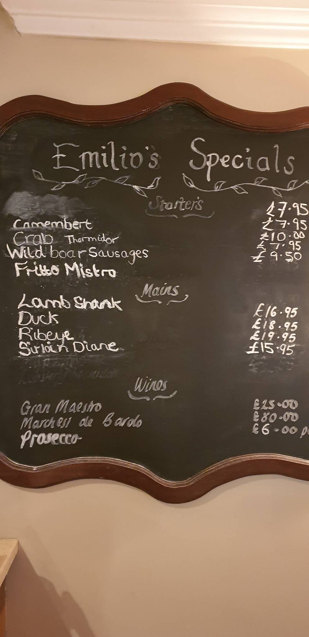 Menu at Emilio's Italian restaurant, Doncaster
