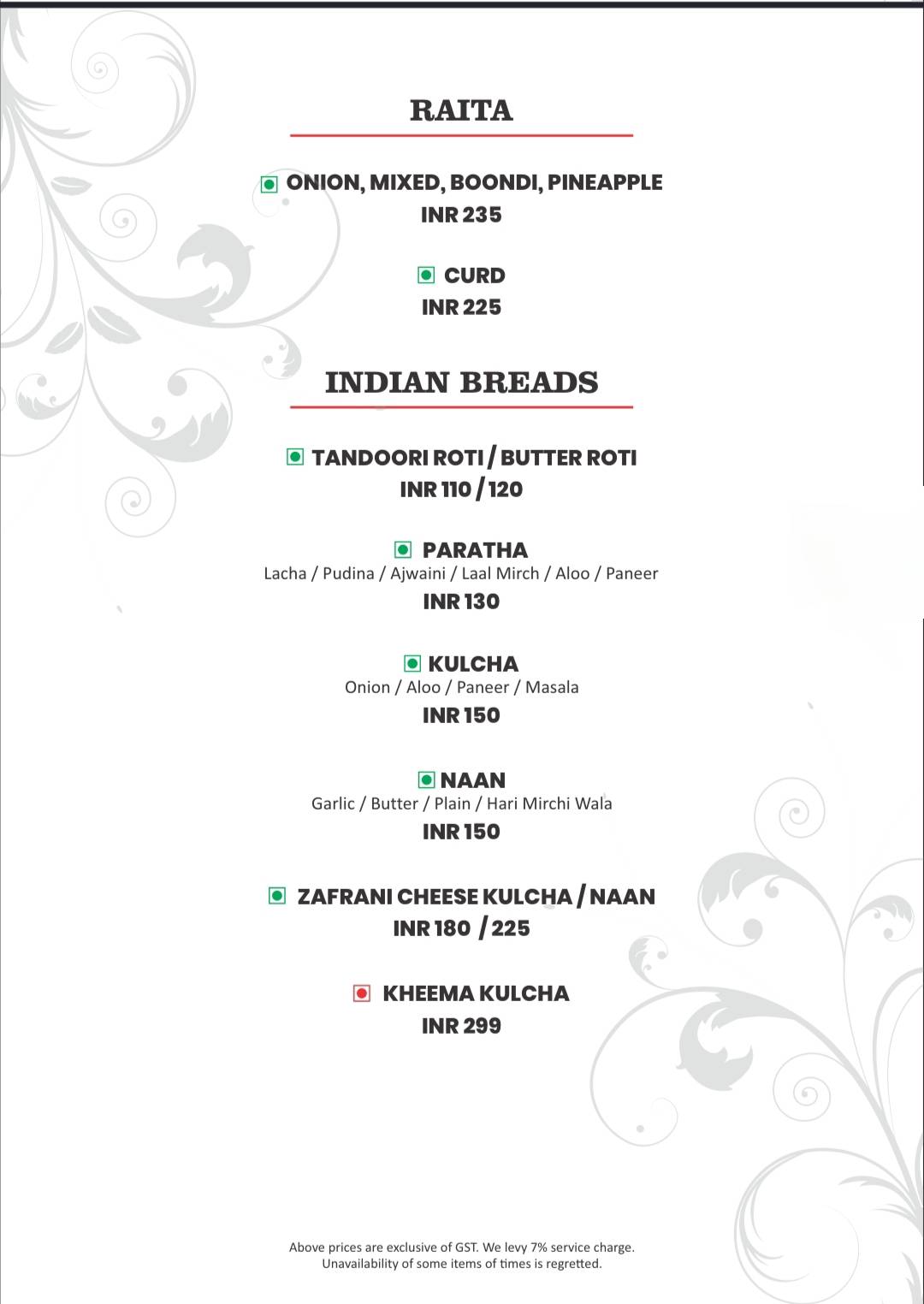 Exotica AKA Zafraan menu
