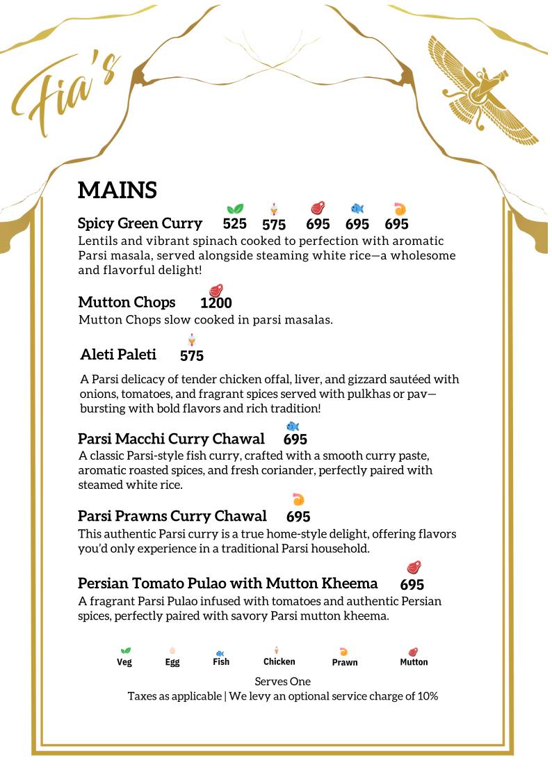 Fia’s Lounge - Authentic Parsi Cuisine - Bangalore menu