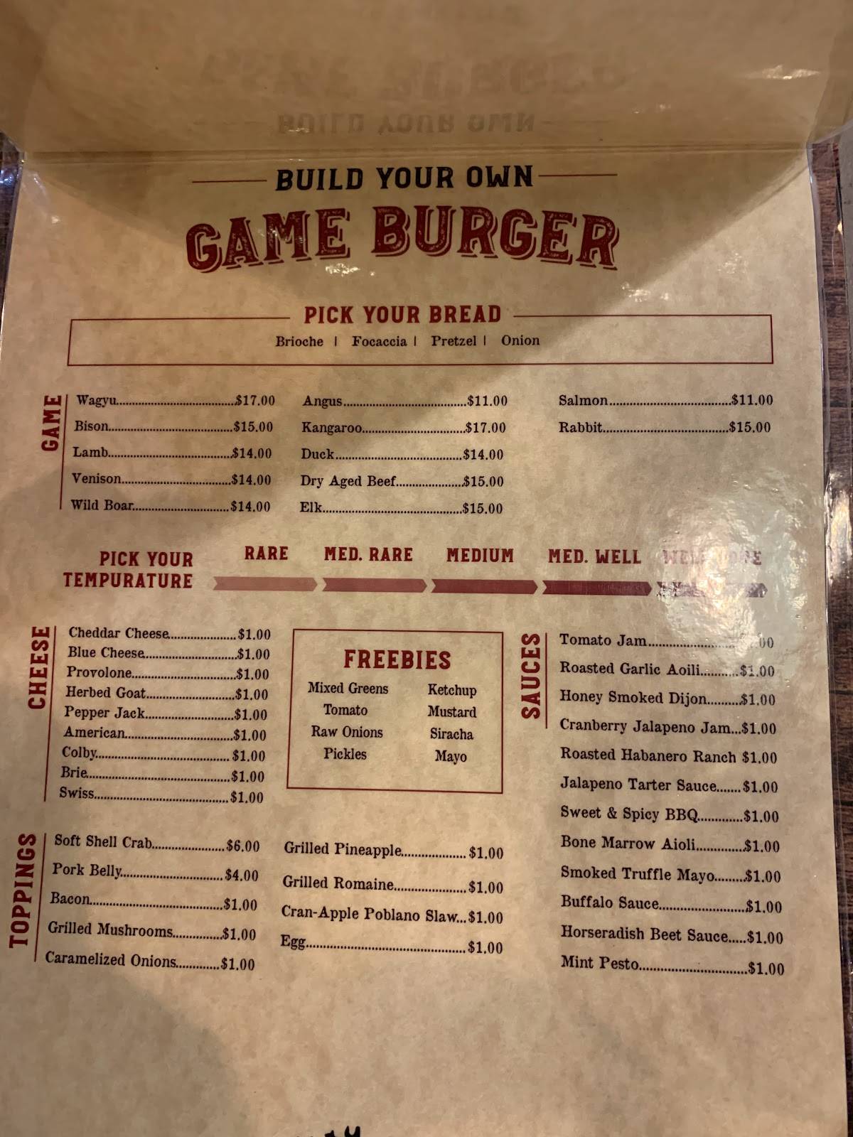 Menu at Game Restaurant, Louisville, Lexington Rd