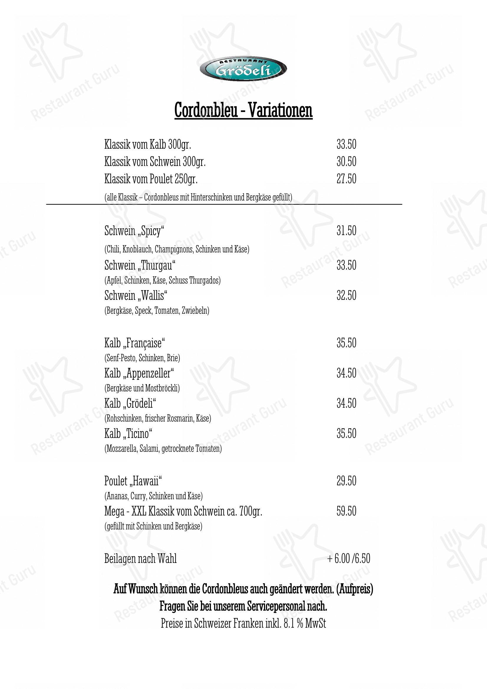 Restaurant Grödeli in Kreuzlingen - Основное меню