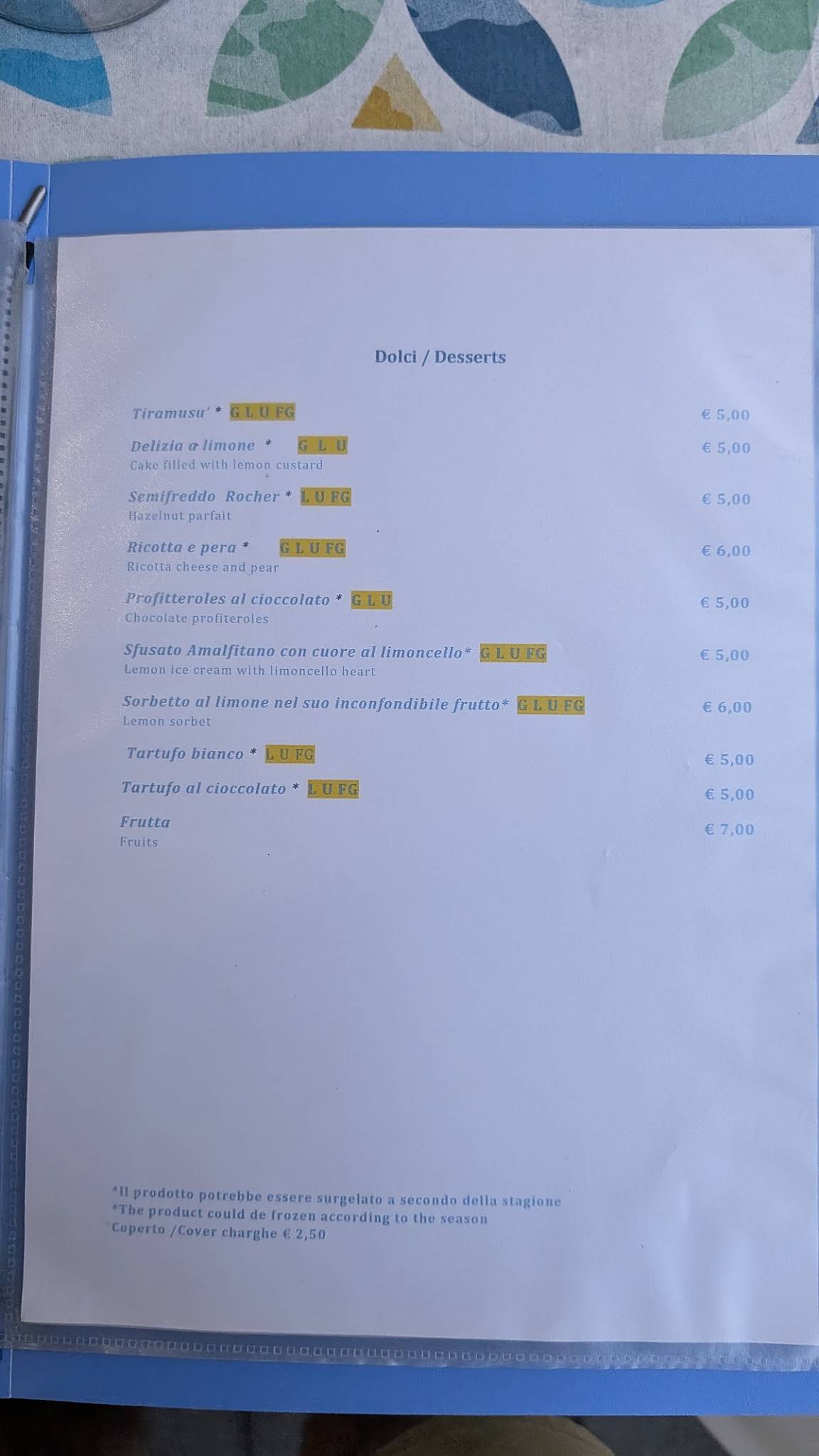 Menu di Hostaria del Corso 