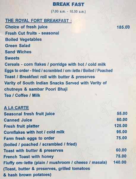 Open House - Hotel Royal Fort menu