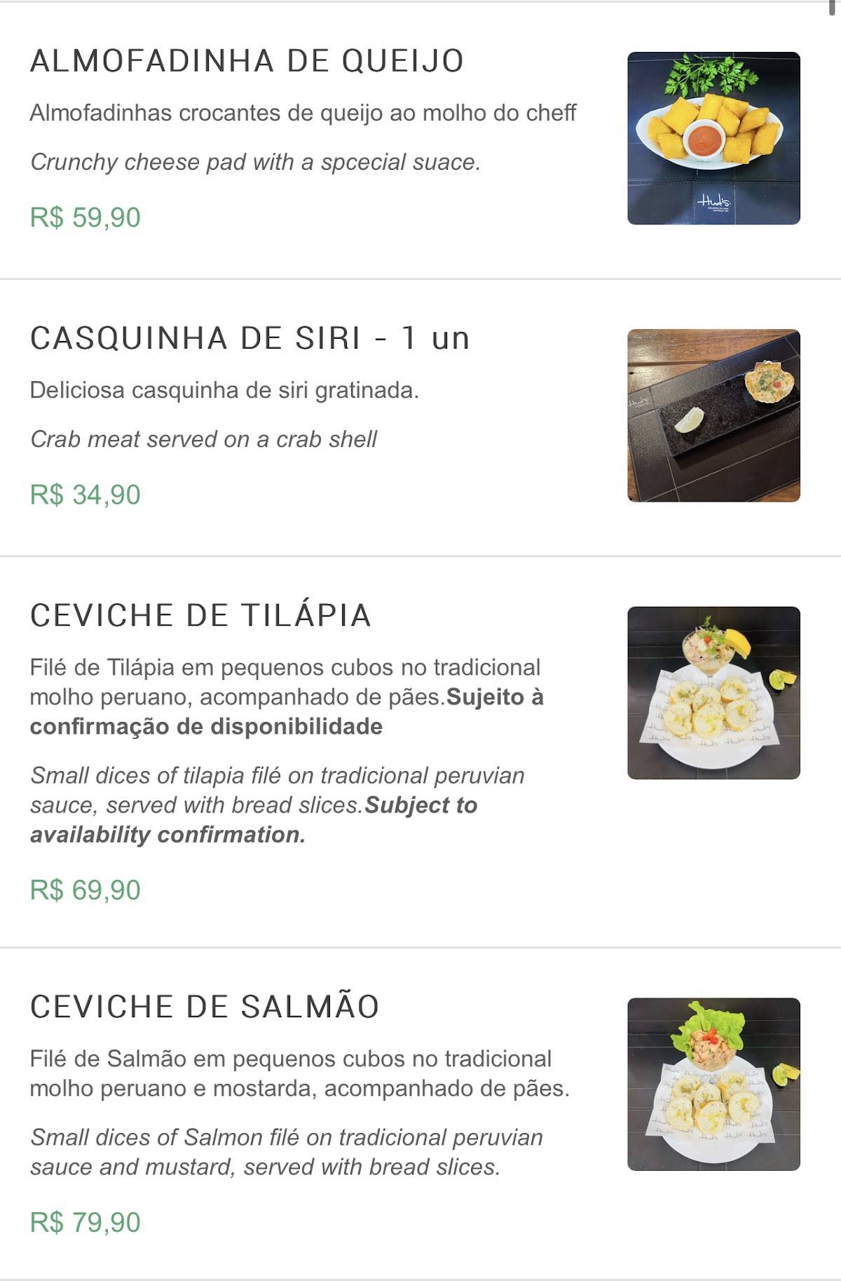 Hud's Restaurante cardápio