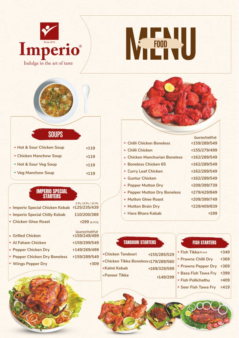 Imperio Restaurant, Whitefield menu