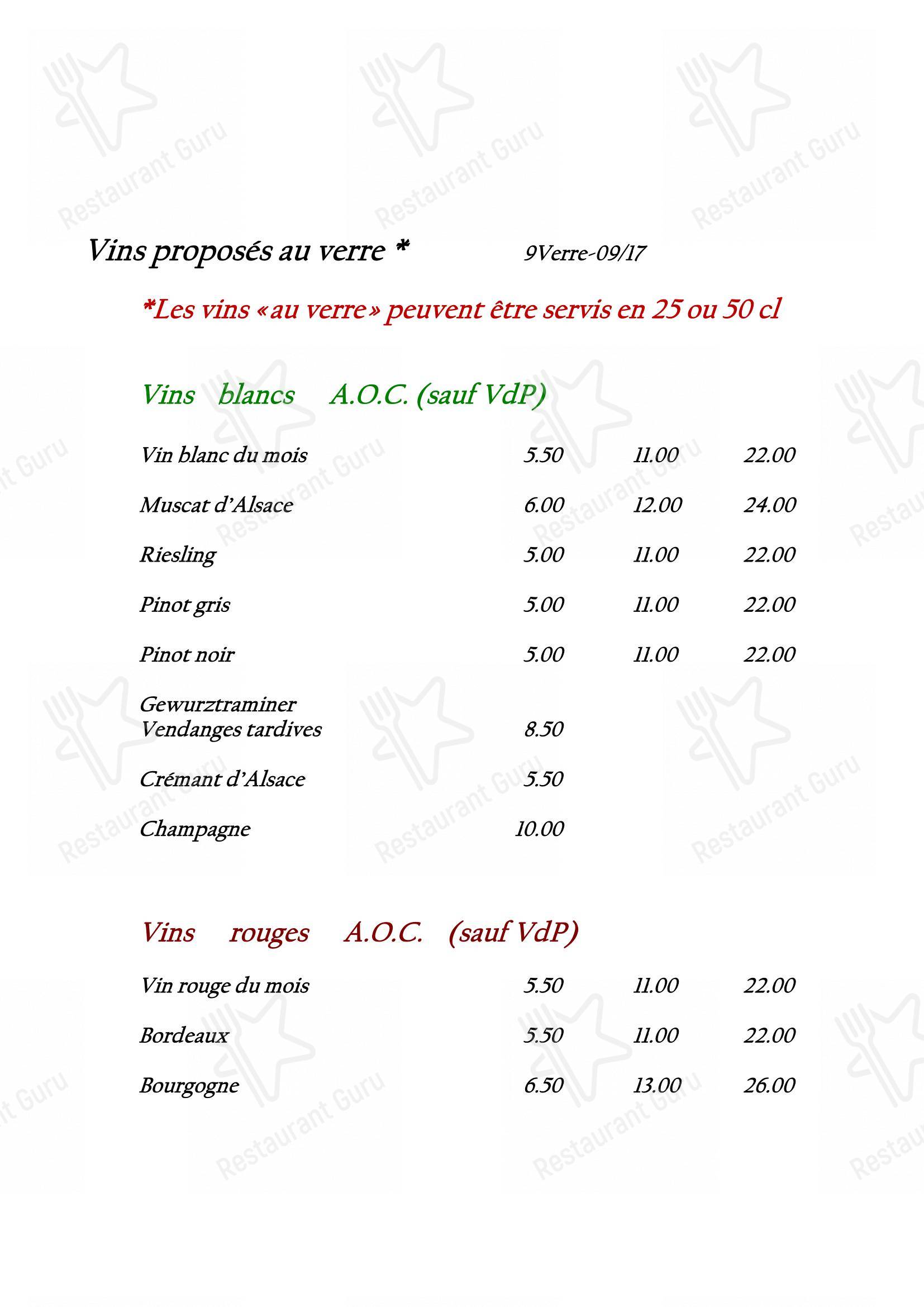 Menu pour Restaurant Koenig dans Berrwiller