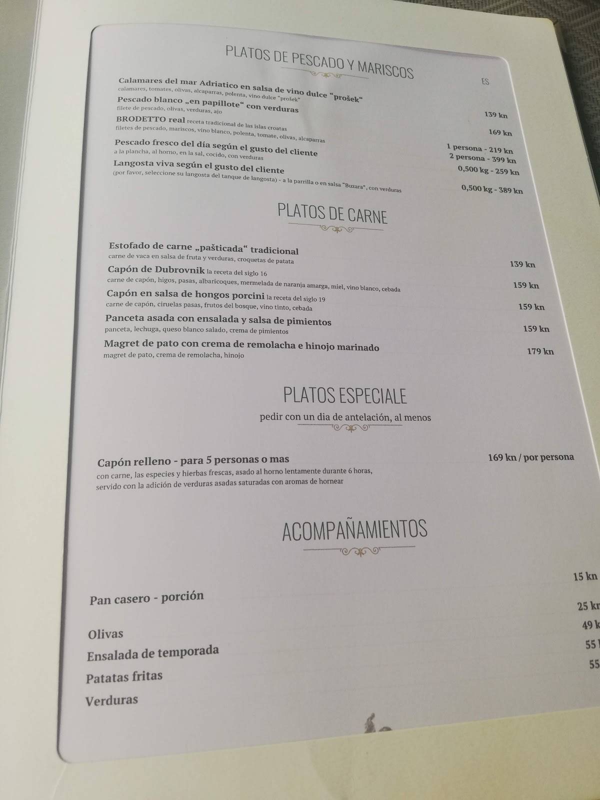 Menu at Restaurant Kopun, Dubrovnik