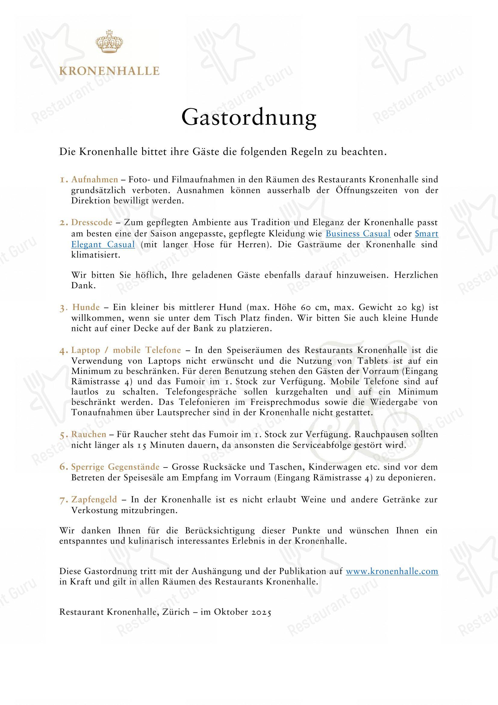 Menu bar per Restaurant Kronenhalle ristorante