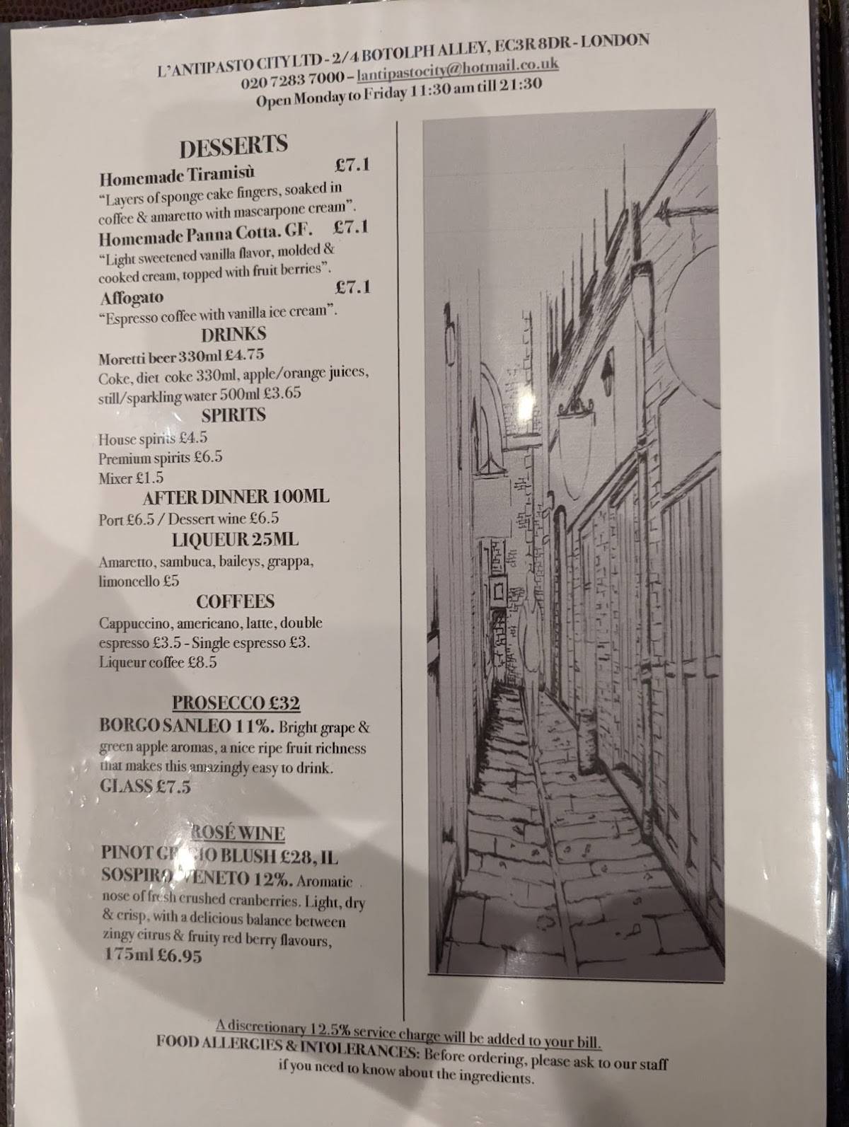Menu at L’Antipasto City restaurant, London, 24