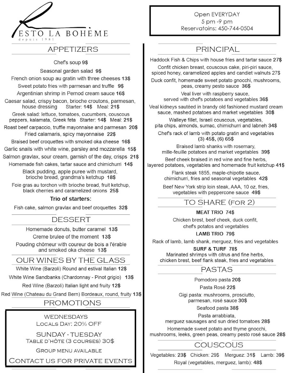 Menu de Bohème