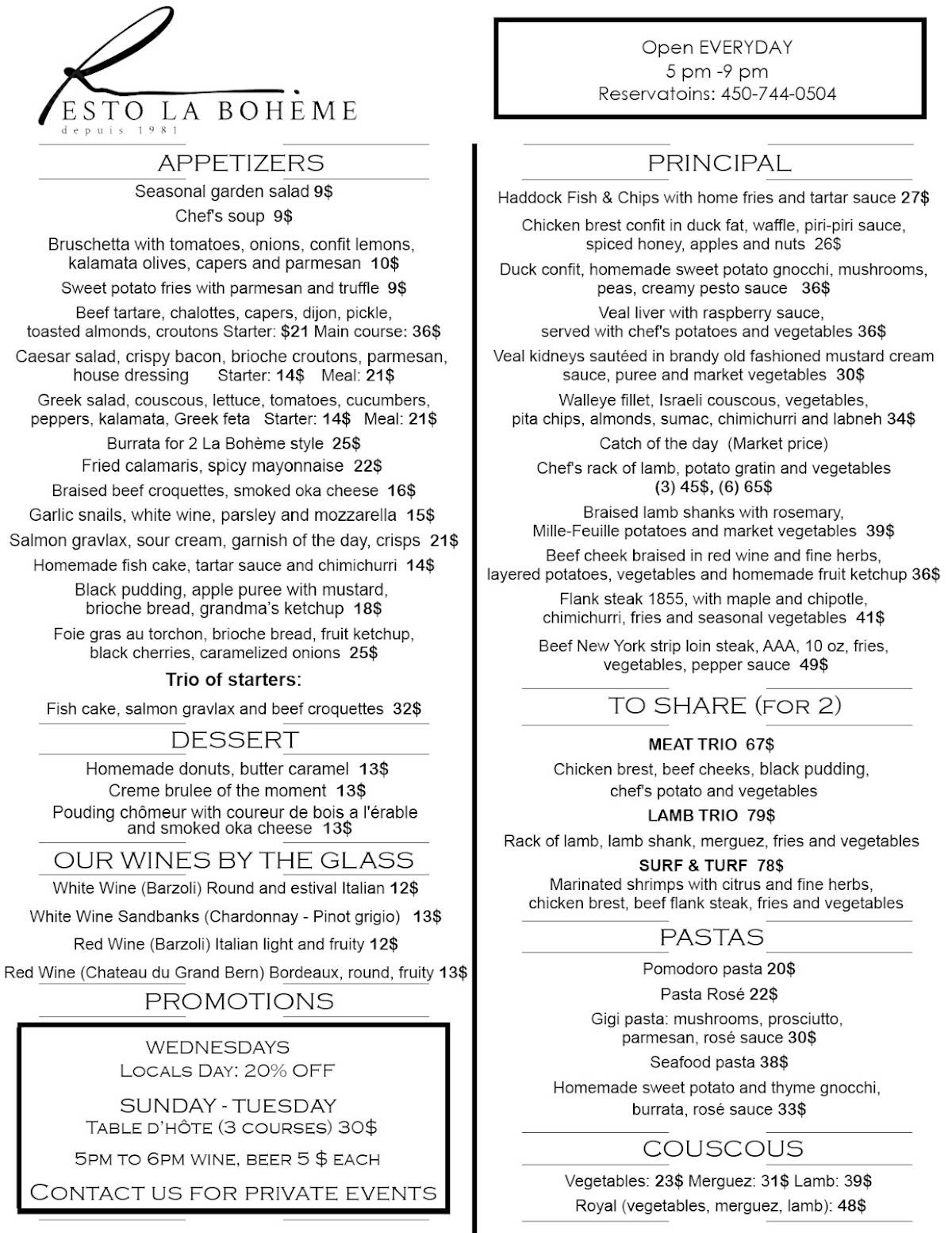 Menu de Bohème