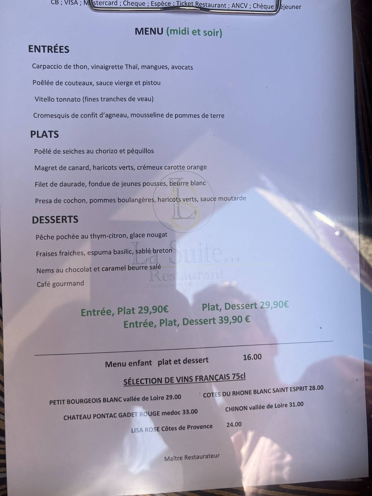 Menu de Restaurant La Suite