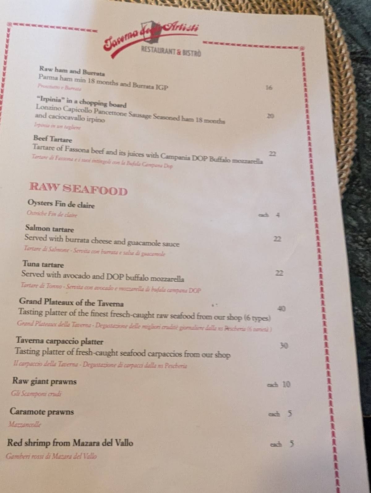 Menu di Taverna degli Artisti 