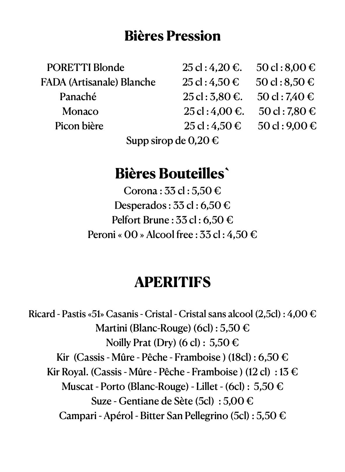 Menu de La Vita