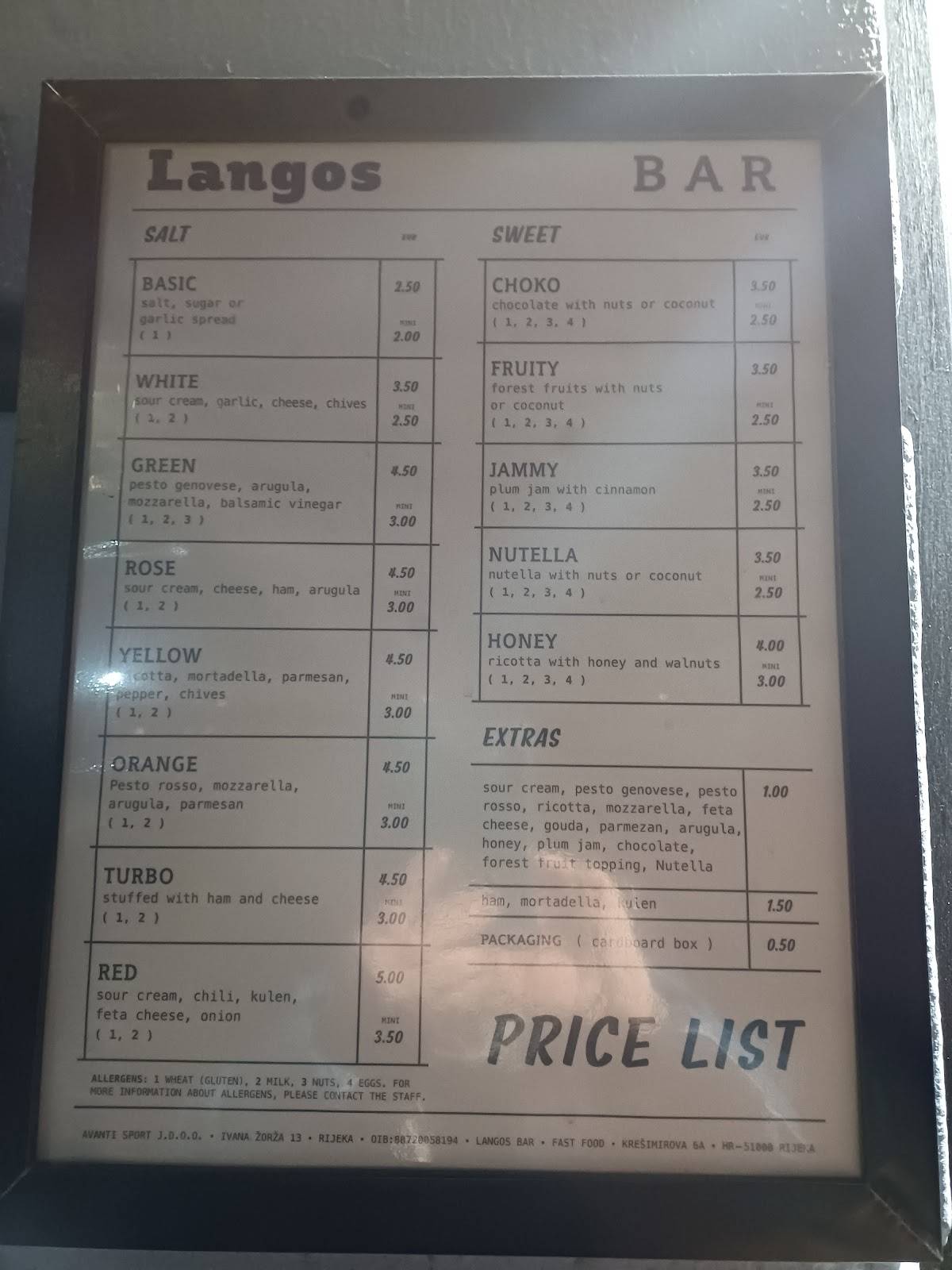 Menu di Langos bar Rijeka 