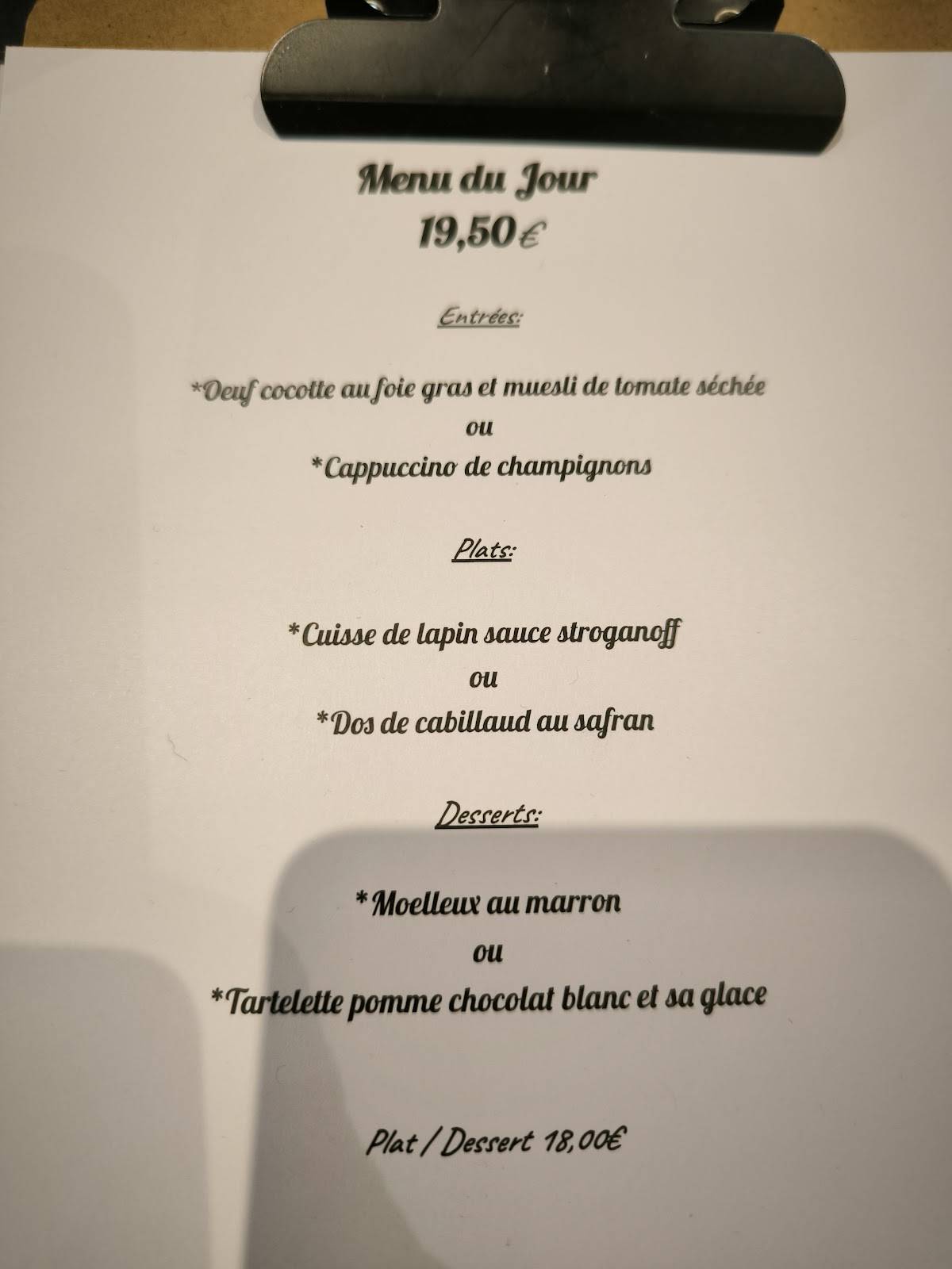 Menu de Restaurant Le Contre & Sens
