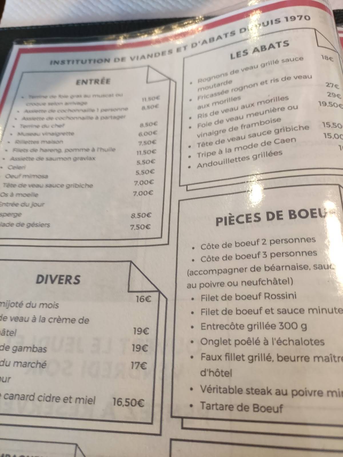 Menu de Le Veau d'Or