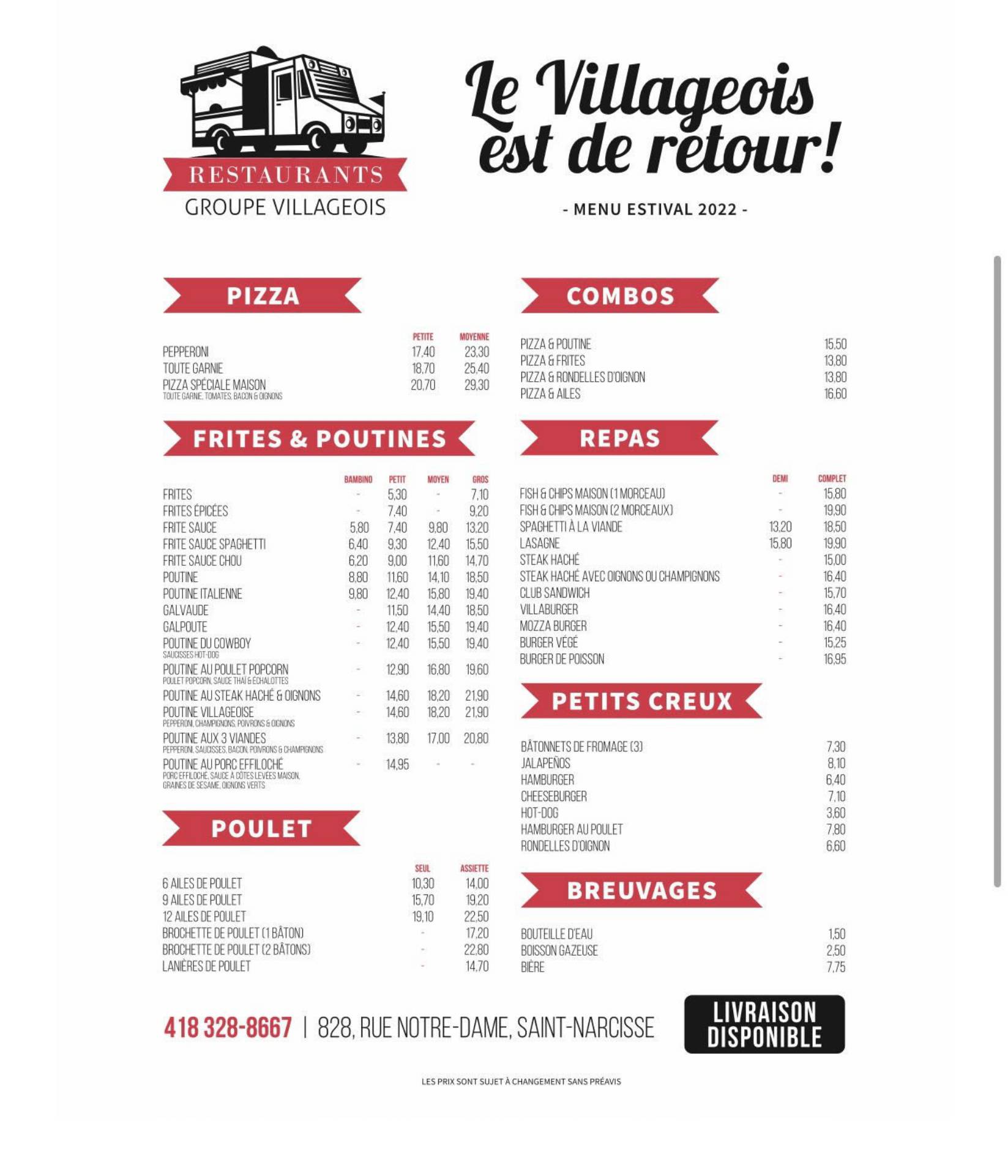 Menu au Restaurant Le Villageois, Canada, 828 NotreDame