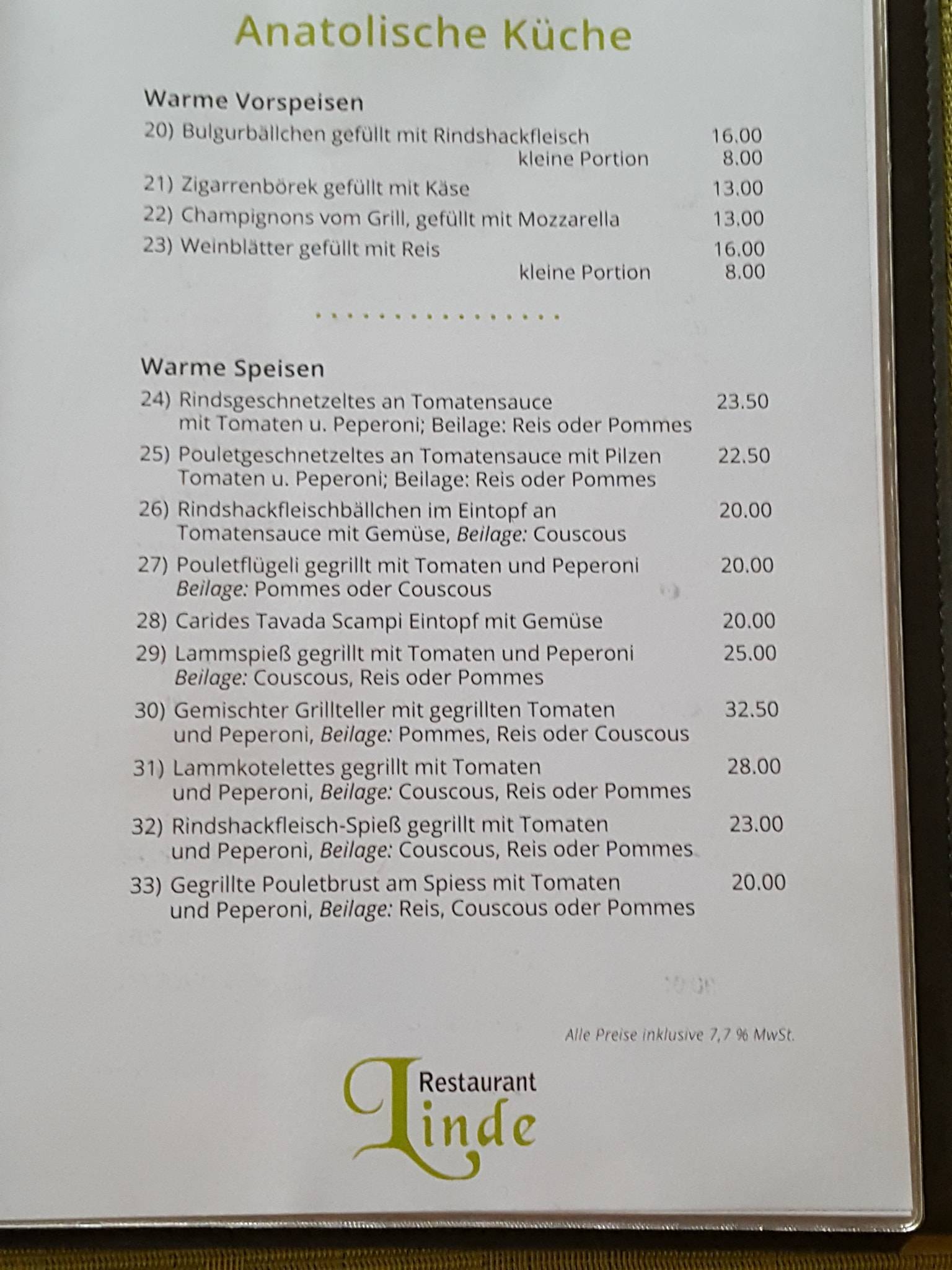 Menu di Restaurant Linde 