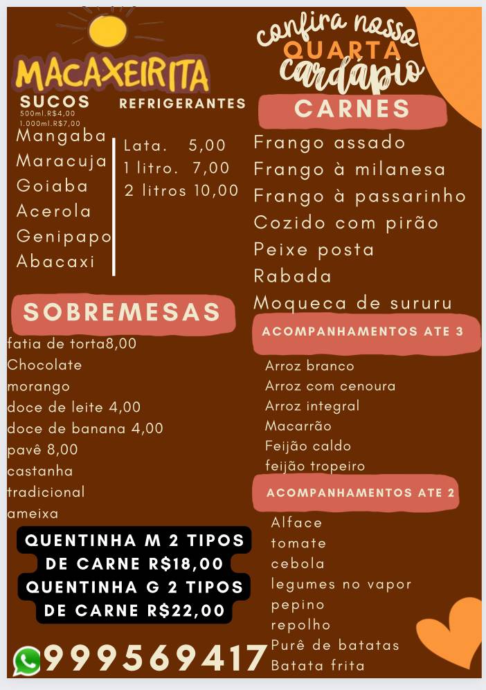 Macaxeirita comida a kilo cardápio