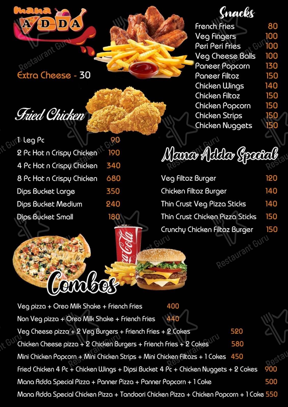 Menu for the Mana ADDA restaurant