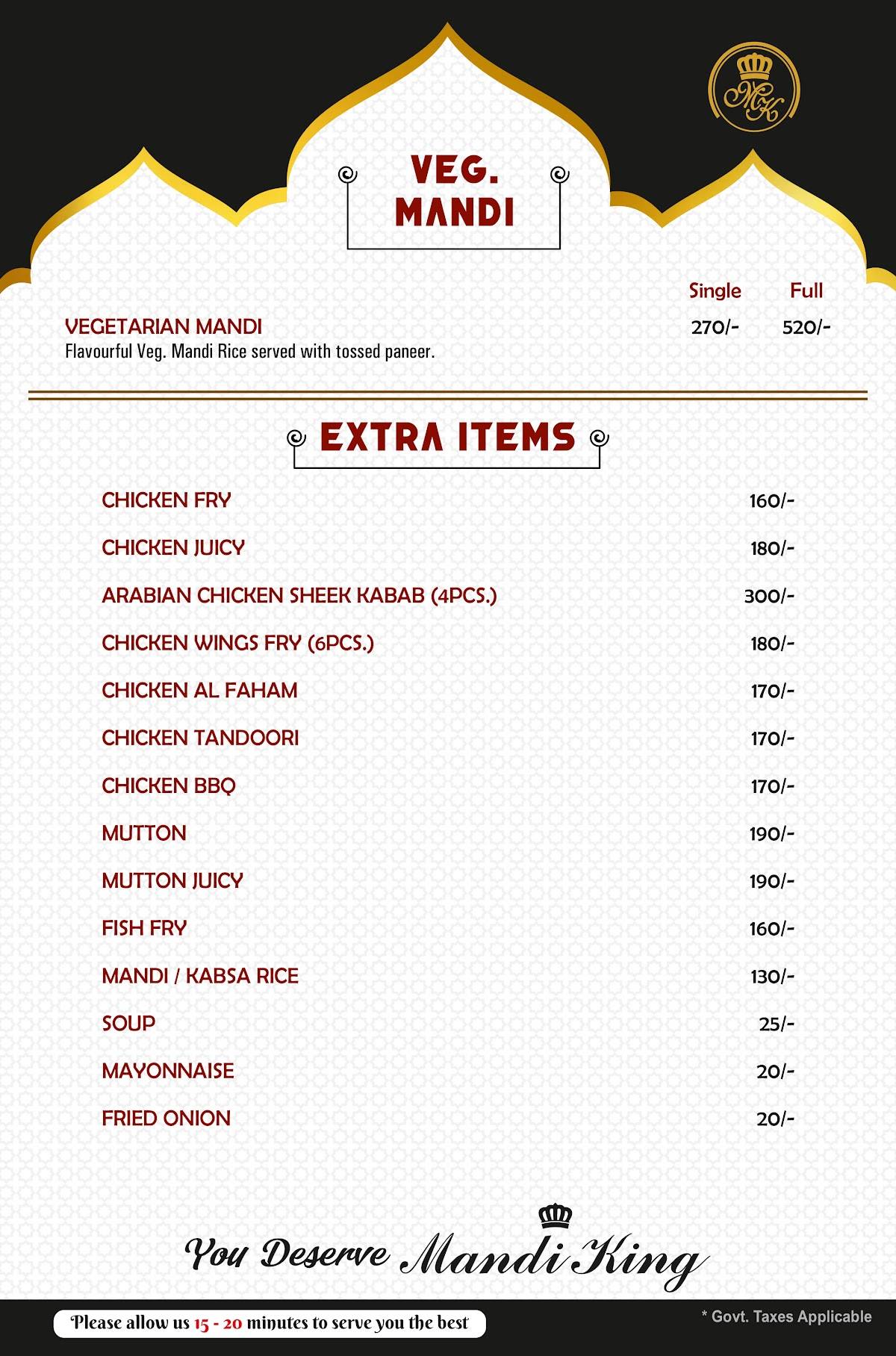 Mandi King Arabian Restaurant menu