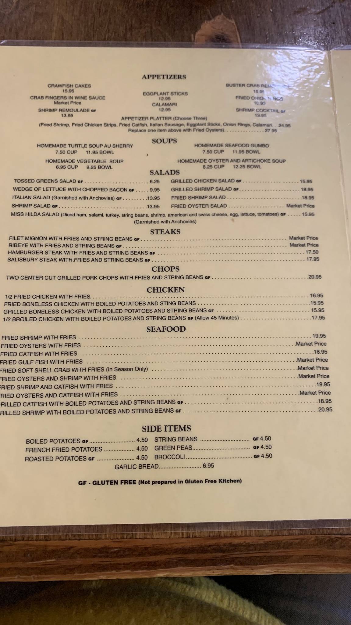 Menu at Mandina's Restaurant, New Orleans