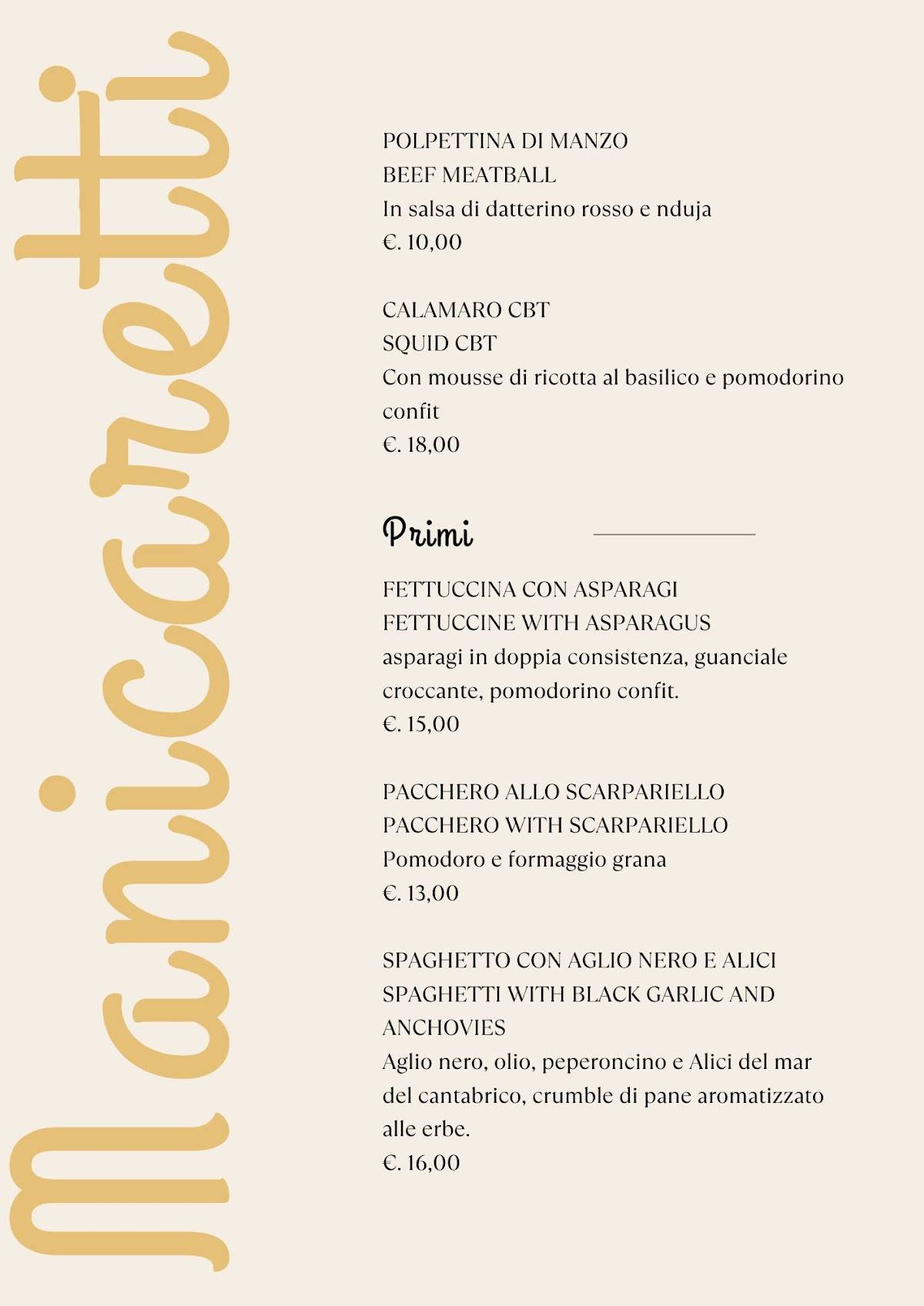 Menu di Manicaretti 