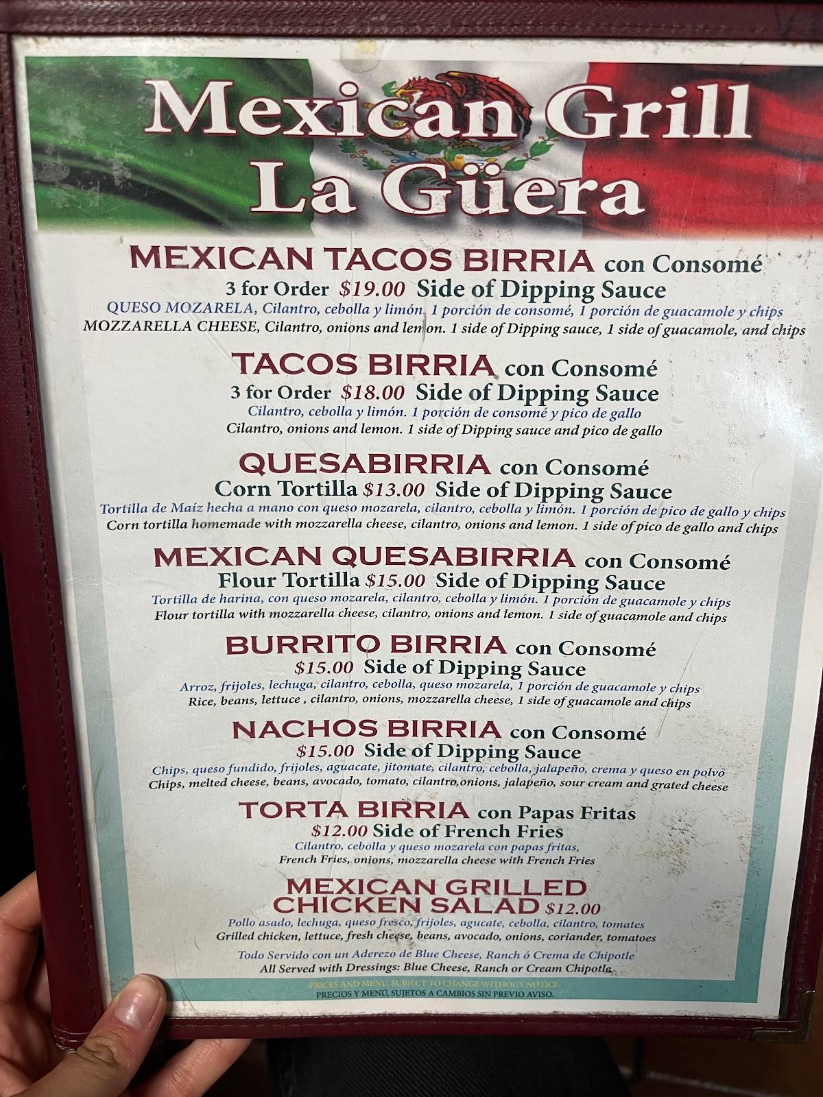 Menu at Mexican Grill La Guera restaurant Upper Darby 132 Garrett Rd