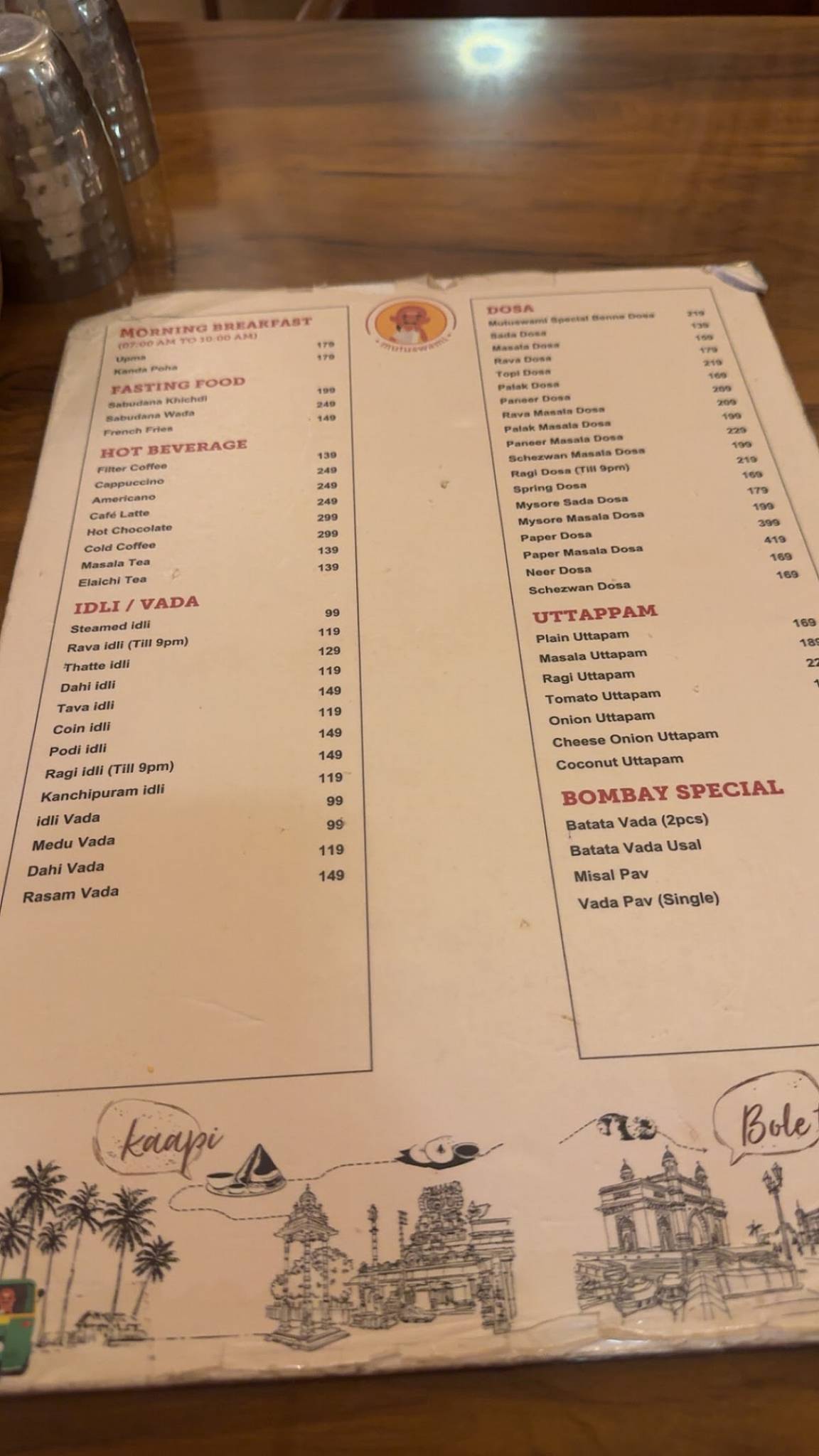 Mutuswami Cafe, Khar menu