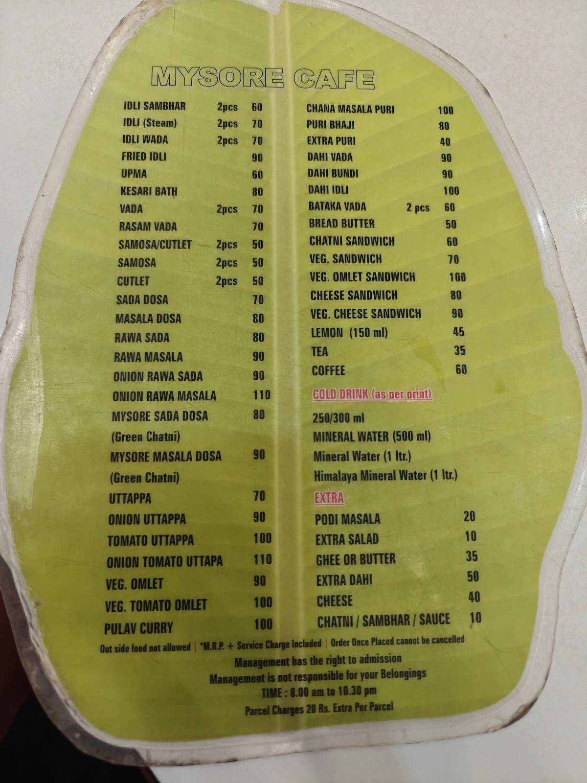 Mysore Cafe menu