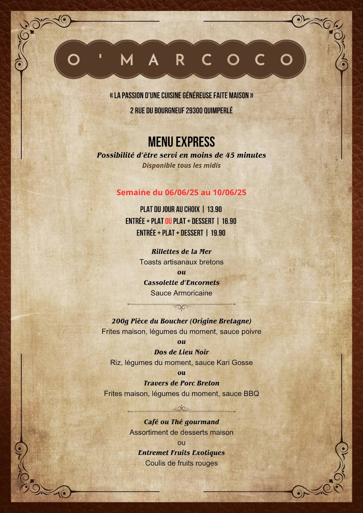 Menu de O'Marcoco