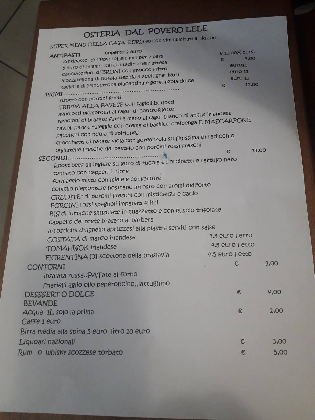Menu di Osteria dal povero Lele 