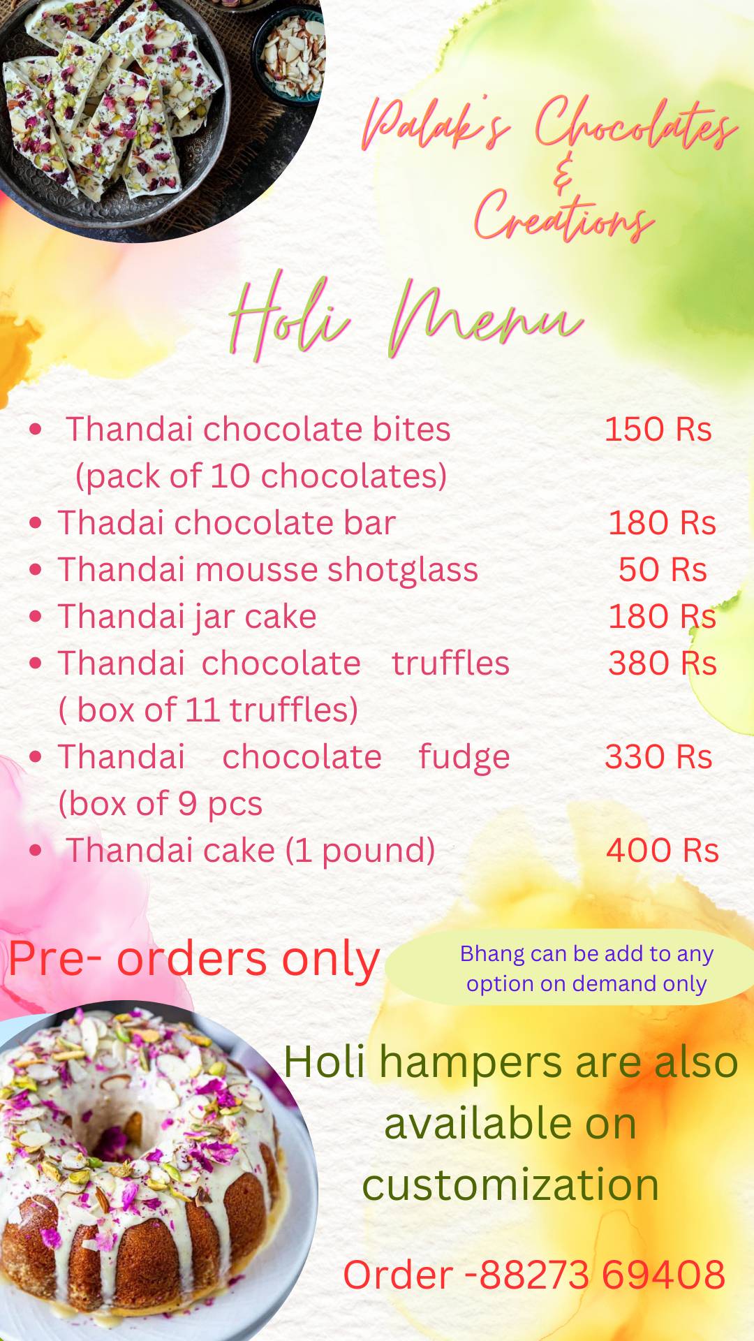 Palak’s chocolates & Creations menu