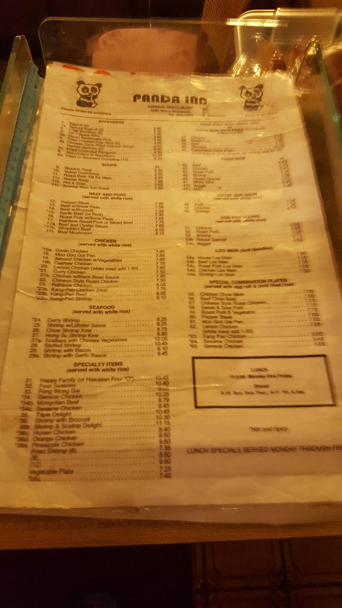 Menu at Panda Inn restaurant, San Antonio, Harry Wurzbach Rd