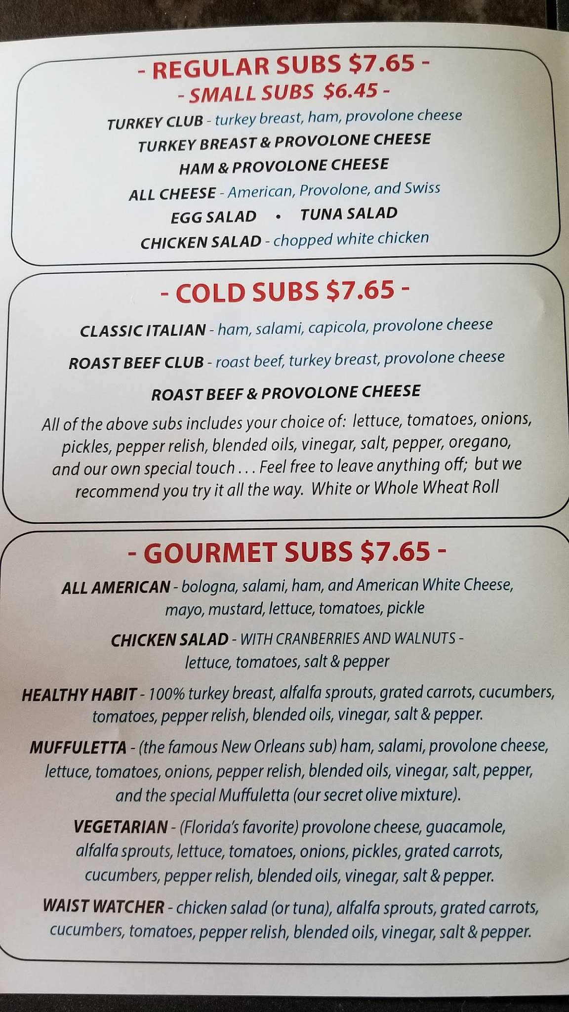 Menu at Penny Hill Subs restaurant, Vero Beach, Old Dixie Hwy