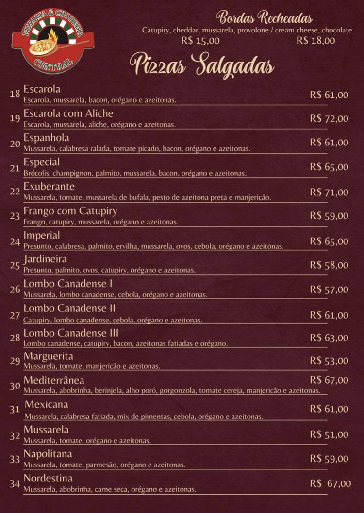 Pizzaria e Choperia Central cardápio