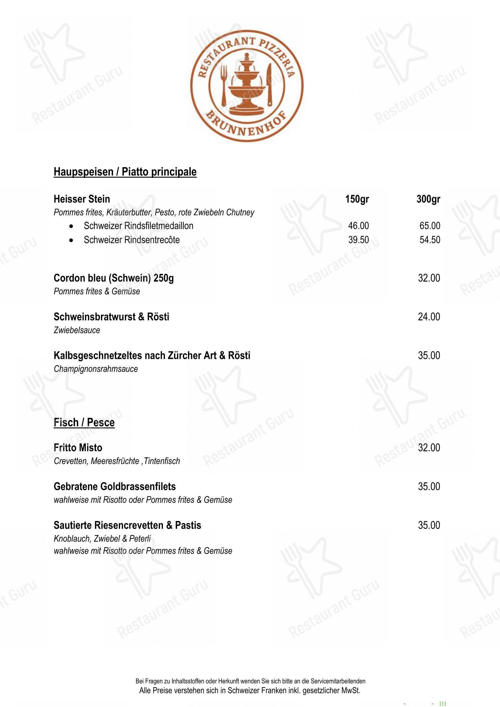 Menu di Restaurant Pizzeria Brunnenhof - Menu