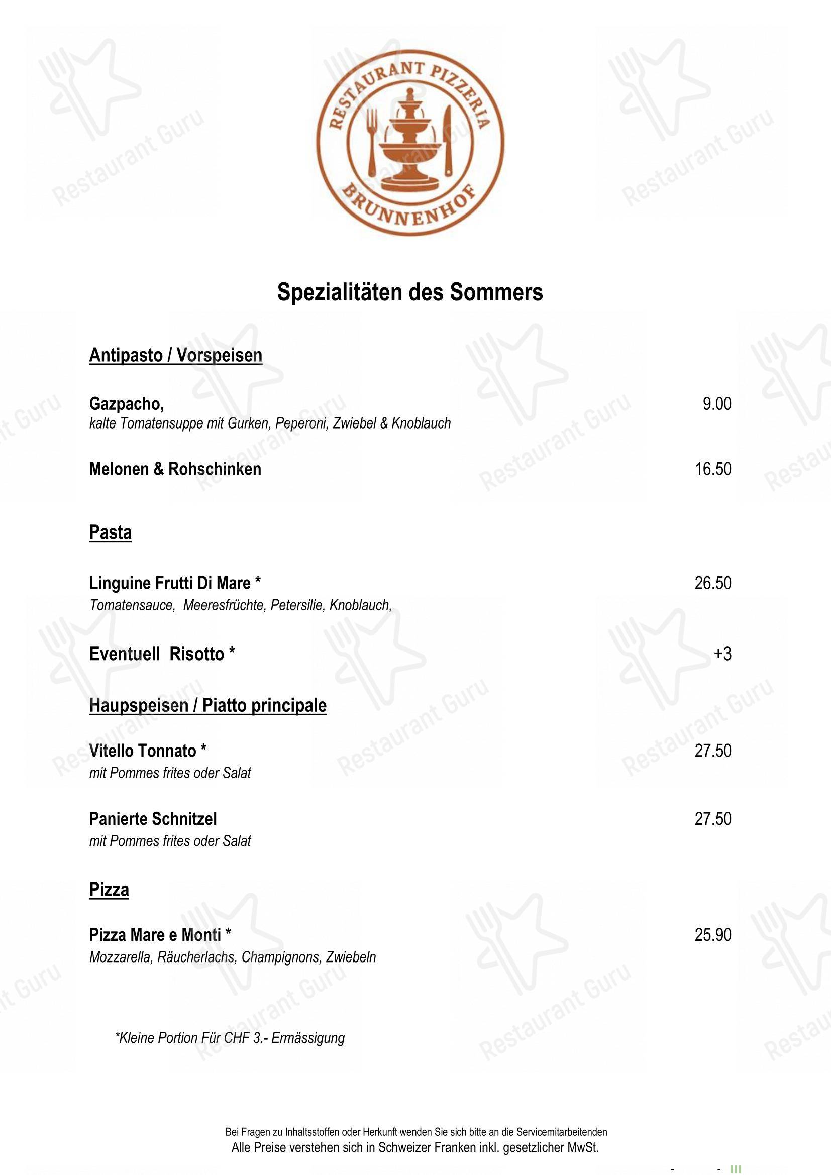 Menu di Restaurant Pizzeria Brunnenhof - Menu