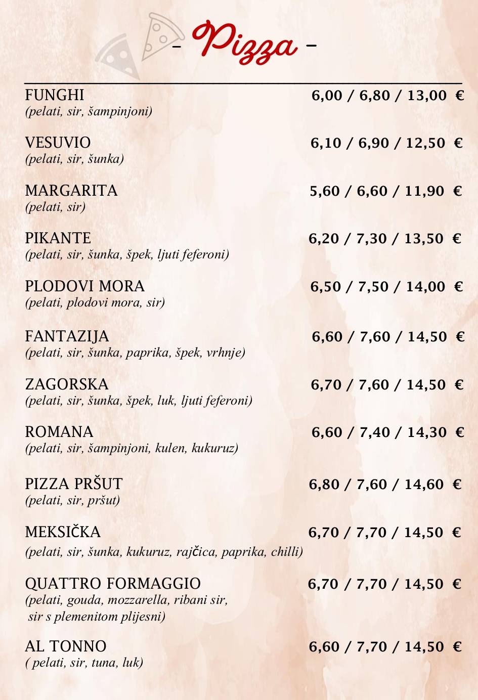 Menu at Pizzeria Roma, Gornji Stupnik