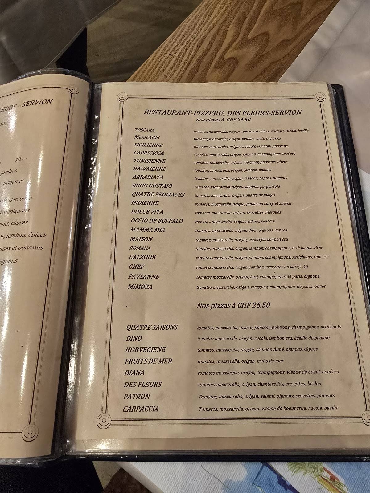 Menu di Restaurant Pizzeria des Fleurs 