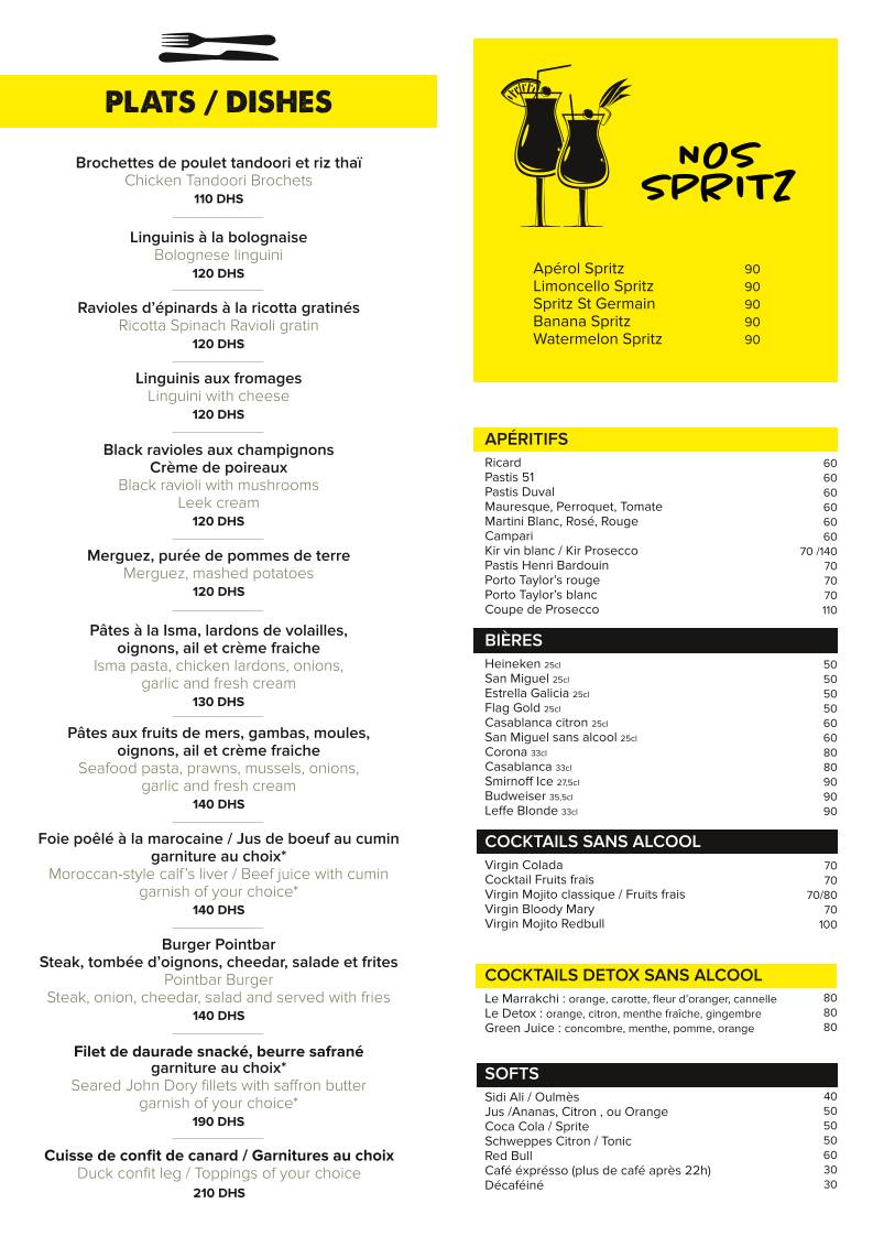 Menu de Pointbar Marrakech