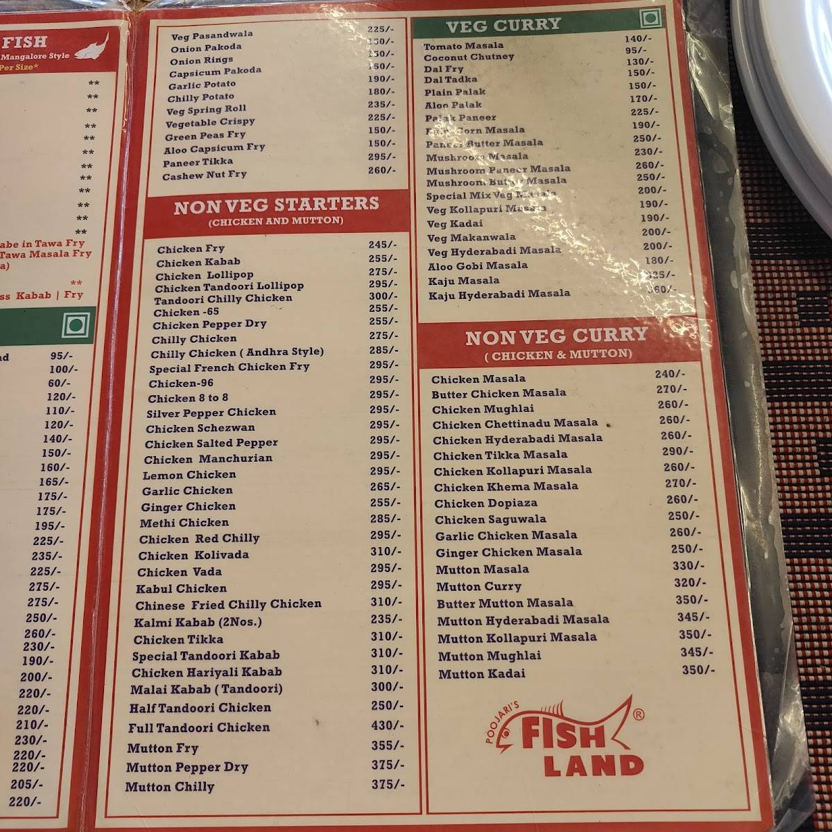 Poojari's Fish Land menu